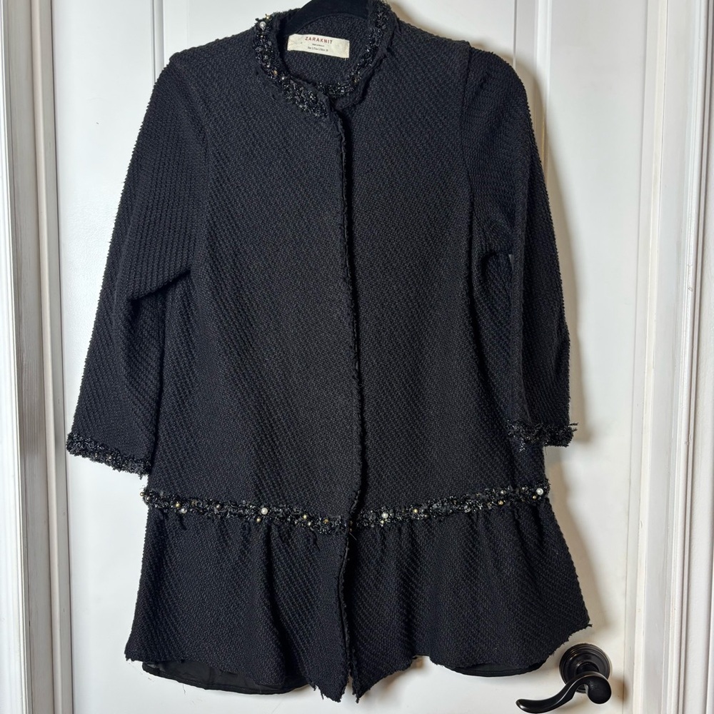 Zara knit black tweed long skirted jacket L with bead and pearl embellishment